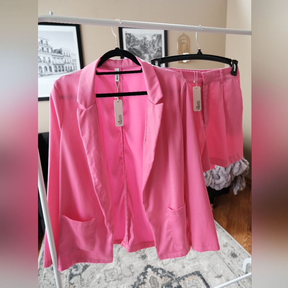 Glam Vibrant Pink Satin Blazer Shorts Co-ord